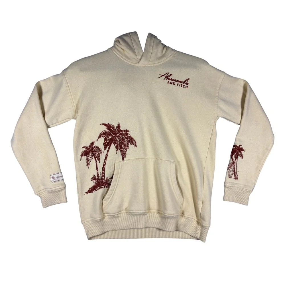 Abercrombie & Fitch Cream Palm Tree Embroidered Hoodie Sweatshirt Mens XS - Picture 1 of 12